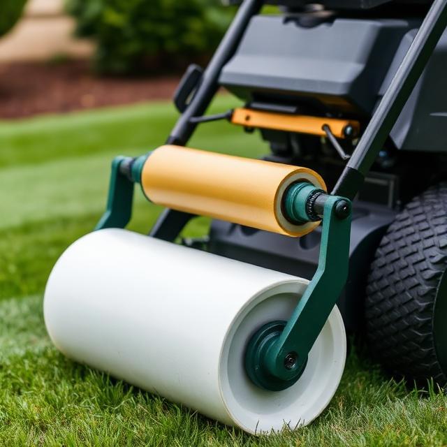 Close-up of commercial striping roller attached to professional mower showing equipment used to create lawn striping patterns