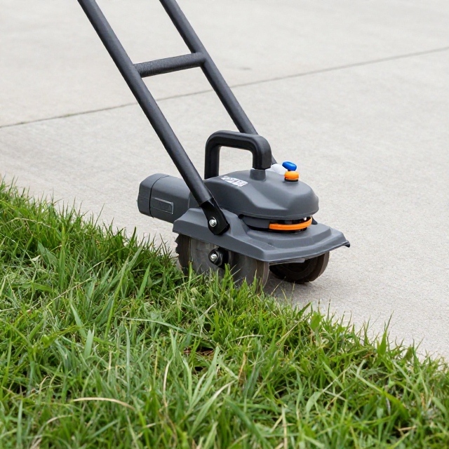 Close-up of commercial power edger cutting clean vertical line along concrete driveway in Columbia showing professional equipment in action